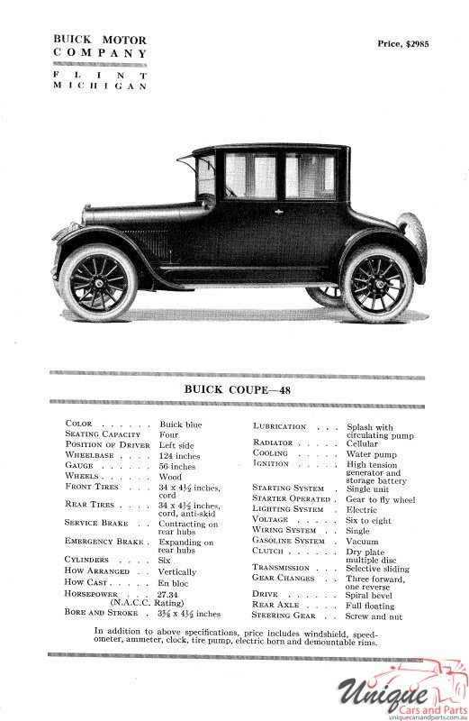 1921 Buick Specifications Brochure Page 3